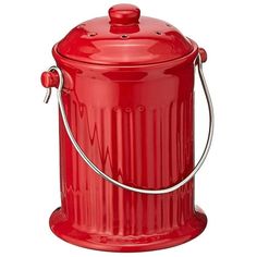 a red metal trash can with a handle on it's side and a white background