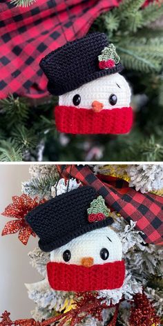 crocheted snowman ornament hanging from a christmas tree with red and black plaid ribbon