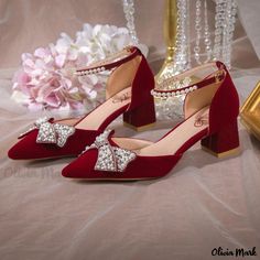 Olivia Mark - Exquisite Low-cut Wedding Shoes with Butterfly Bow and Water Diamonds for Bridesmaids, featuring Pointed Toe and High Heels in Red Red Wedding Shoes Low Heel, Bride Shoes Wedding Heels, Bride Shoes Wedding, Shoes Wedding Heels, Red Wedding Shoes, Wedding Shoes Low Heel, Red Stilettos, Quinceanera Decorations, Rough Heels