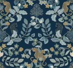 a blue and gold wallpaper with flowers, leaves and animals in the center on a dark background