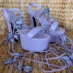 Lilac Sandals, Lace Up Platform Sandals, Butterfly Heels, Heels Aesthetic, Shoes Heels Classy, Sugar Thrillz, Shoe Inspo