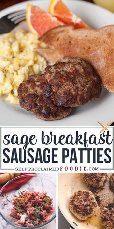 sausage patties, scrambled eggs and orange slices on a white plate with text overlay that reads sage breakfast sausage patties