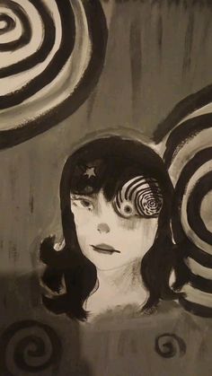 a drawing of a woman's face with spirals in the background