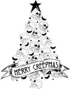 a christmas tree with skulls and bats around it, the words merry crepmass are