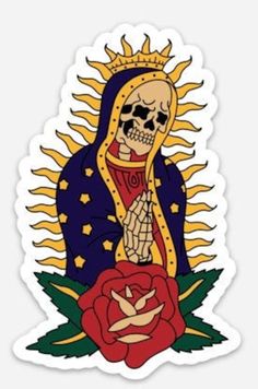 a sticker with the image of a skeleton holding a rose in it's hand