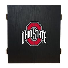 the ohio state university logo is painted on a black wood door with white lettering and red accents