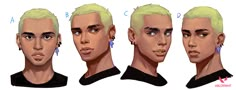 three different views of a man's face with green hair and ear piercings