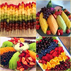 various pictures of fruit arranged on skewers