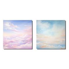 two paintings with clouds in the sky and one is blue, white and pink colors