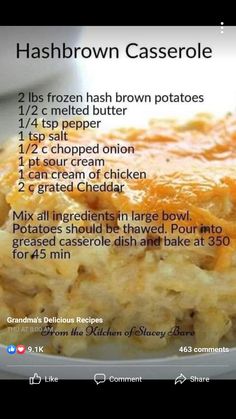 the recipe for hashbrown casserole is shown in an advertizer