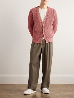 Richard James' cardigan is knitted in a loose, ribbed stitch from airy linen, so it's the perfect outer layer for cool summer evenings. It's twisted in shades of coral and pink and has marled buttons through the front placket. Pink Cardigan Outfit Men, Cardigan Outfit Men, Mens Cardigans, Menswear 2024, Pink Cardigan Outfit, Mens Knitted Cardigan, Sweater Outfits Men, Cardigan For Men, Shades Of Coral