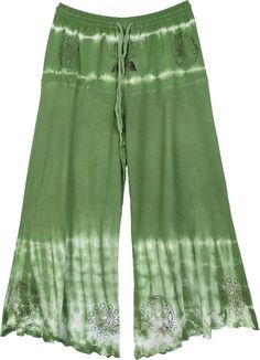 Leaf Green Boho Tie Dye Capri Pants | Short-Skirts | Green | Split-Skirts-Pants, Junior-Petite, Vacation, Tie-Dye Boho Cotton Pants, Casual Summer Capri Pants, Summer Vacation Capris With Elastic Waistband, Green Summer Capris With Elastic Waistband, Comfortable Green Spring Bottoms, Summer Vacation Cotton Capris, Comfortable Green Bottoms For Spring, Summer Vacation Capri Length Bottoms, Spring Beach Cotton Capris