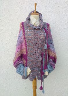 Purple Pink Blue Handknit Unlined Cardigan Coat, Two Closure Colorful Handmade Sweater, Boho Chic Oriental Coat, Winter Witch Cardigan by Papicca on Etsy Multicolor Shawl For Winter, Multicolor Shawl Cardigan For Winter, Winter Crochet Long Sleeve Poncho, Winter Crochet Poncho With Long Sleeves, One Size Multicolor Knit Outerwear, Pink Bohemian Crochet Outerwear, Handmade Multicolor Winter Poncho, Handmade Purple Winter Cardigan, One Size Multicolor Crochet Outerwear