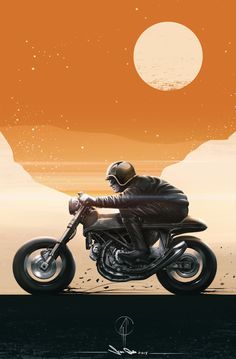 a man riding on the back of a motorcycle in front of an orange sky with stars