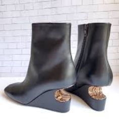 Sz 36.5 Nib Dries Van Noten Snakeskin Cutout Black Leather Booties Leather Wedge Boots With Sculpted Heel And Round Toe, Black Leather Wedge Boots With Sculpted Heel, Red Velvet Boots, Dries Van Noten Shoes, Snakeskin Ankle Boots, Velvet Ankle Boots, Lucite Heels, Snakeskin Boots, Leather Boots Heels