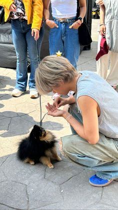 a person kneeling down petting a small dog