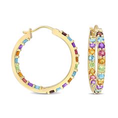 Ross-Simons - 2.28ct t. w. Multi-Gemstone Inside-Outside Hoop Earrings Over Sterling. 1 1/6". Jump-start your look with a rainbow of vibrant color! These lively inside-outside hoop earrings show off 2.28 ct. tot. gem wt. pink tourmaline, amethyst, garnet, citrine, peridot and sky blue topaz in polished 18kt yellow gold over sterling silver. Hanging length is 1 1/16". Snap-bar, multi-gemstone inside-outside hoop earrings. Fine Jewelery, Classy Jewelry, Earrings Hoop, Sky Blue Topaz, Colorful Earrings, Fine Jewellery Earrings, Pink Tourmaline, Blue Topaz, Citrine