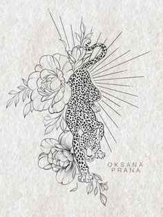 a drawing of a leopard with flowers on it