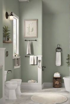 a bathroom with green walls and white fixtures