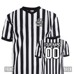 a black and white striped jersey with the name your name on it, in front of an