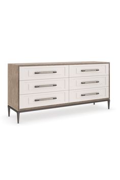 a white and wood dresser with drawers on it's sides, in front of a white background