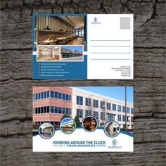 two postcards with pictures of buildings on them and the words working around the clock