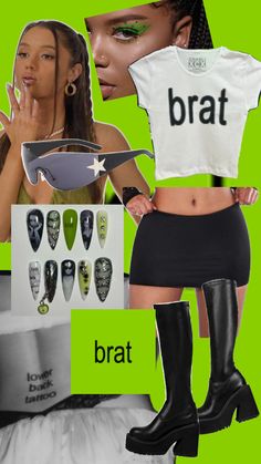 a woman wearing black boots and a white t - shirt with the word brat on it