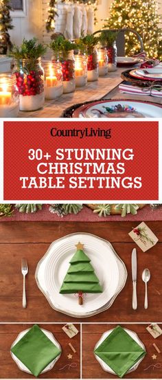 a christmas table setting with candles, plates and napkins in front of the table