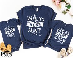 World's best aunt, niece and nephew - funny matching auntie and me shirts for aunt and niece, aunt and nephew & aunt and baby! Check out our full collection of awesome family shirt sets here: https://www.etsy.com/shop/MyFuntasticFamily?mcnav&section_id=29632816 HOW TO ORDER: All shirts are added individually to the basket. * Choose shirt variant/text. * Choose size & model. * Write the shirt color to the personalisation box. * Add shirt to basket. * Repeat these steps for the other shirts you wi Funny Personalized Cotton Tops, Fitted T-shirt For Family Matching Gift, Cute Aunt And Niece Shirts, Matching Auntie And Niece Shirts, Matching Auntie And Nephew Shirts, How To Tell Nieces And Nephews Your Pregnant, Telling Niece And Nephew Your Pregnant, Nephew Shirts, New Aunt