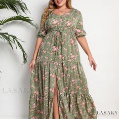 Lasaky - Womens Plus Size Floral Print Maxi Dress with Half Sleeves, Split Hem, and V Neck Dresses And Sweaters, Plus Size Bohemian, Dresses Patterns, Boho Plus Size, Sukienki Plus Size, Boho Mode, Figure Fashion, White Lace Maxi, Summer Dress Women