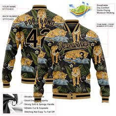 Custom Black Black-Old Gold Tropical Tiger With Palms 3D Pattern Design Bomber Full-Snap Varsity Letterman Jacket Customizable Winter Outerwear For Streetwear, Casual Customizable Outerwear For Streetwear, Varsity Letterman Jackets, Logo Wear, Custom Sportswear, Cheap Jacket, Logo Number, Letterman Jacket, St. Patricks Day