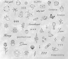 various hand drawn doodles with different words and symbols on them, all in black ink