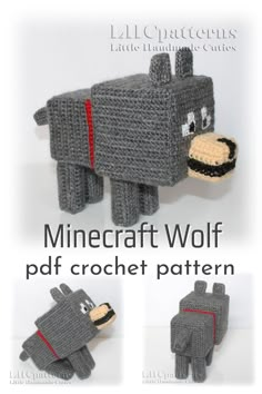 a crocheted dog is shown in three different poses, with the words minecraft wolf on it