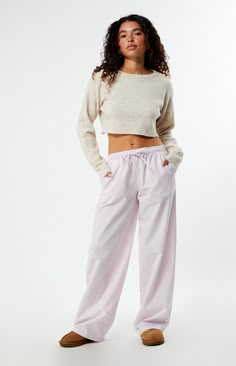 Upgrade your casual wardrobe with the Linen Pull-On Pants from PacSun. Crafted from lightweight linen fabric, these high-waisted pants feature a drawstring waistband, side hand pockets, wide leg openings, and a relaxed fit, ensuring both style and comfort for your everyday adventures.11.625" rise31.5" inseam21" leg openingHigh-riseDrawstring waistbandSide hand pocketsWide leg openingsRelaxed fitBlack and Blue: 52% cotton, 48% polyesterPink: 52% cotton, 48% polyesterMachine washableModel is weari Relaxed Pants Women Outfit, Brandy Linen Pants, Straight Leg Linen Pants, Linin Pants, Pink Sweatpants Outfit, Things To Ask For Christmas, Wide Leg Sweatpants Outfit, Pants For School, Trending Pants