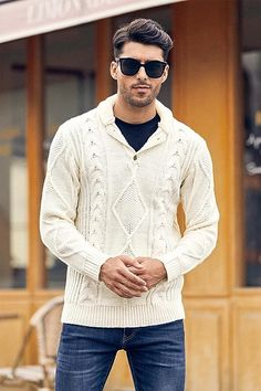 Stay warm and stylish in this classic men's sweater. The cable knit fabric and long sleeve design keep you warm, while the button neck provides a snug fit for added comfort. Perfect for casual or formal occasions. 80% Acrylic, 20% Cotton Pull On closure Hand Wash Only Casual pullover sweater for men, it features a polo neck design, various knitted patterns, ribbed hem and cuffs, regular fit, fashionable and vintage look. Material: 20% cotton + 80% acrylic, comfortable knitted fabric with sligthl White Cable Knit Long Sleeve Polo Sweater, Classic Long Sleeve Cable Knit Polo Sweater, Long Sleeve Cable Knit Polo Sweater, Cable Knit Long Sleeve Polo Sweater, Classic Cable Knit Polo Sweater For Winter, Classic Winter Cable Knit Polo Sweater, Irish Clothing, Knitted Patterns, Casual Pullover Sweater