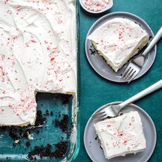 two slices of peppermint ice cream cake on plates