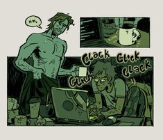 a comic strip with a man looking at a computer screen and another person sitting in front of him