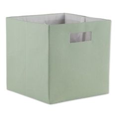 a light green storage box with a white top and bottom opening, on a white background