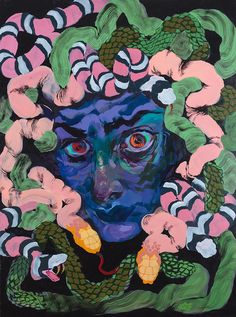 an image of a woman with snakes on her head and hands around her face, surrounded by flowers