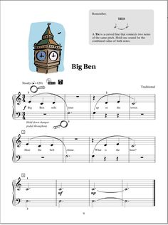 sheet music with the words big ben written on it and an image of a clock tower