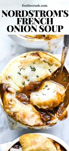 two bowls filled with meat and cheese covered in gravy on top of a white table