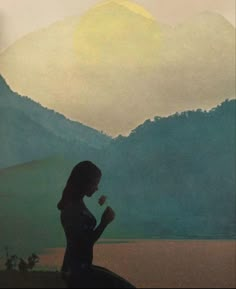 a painting of a woman holding a flower in front of a mountain range with the sun setting behind her