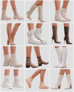 many different pairs of boots with buckles on the sides and heeled heels, all in various colors