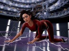 a digital painting of a woman laying on the ground in front of lightning streaks and buildings