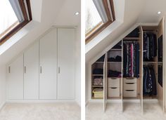 an attic bedroom with closets and clothes