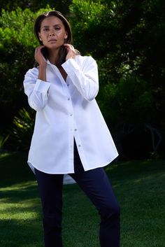 Simple, elegant, and versatile, this cotton shirt is a must-have for every closet. Dress it up or down with your favorite pant for endless wear. ✓ Machine Washable ✓ Office Ready ✓ Perfect for Layering ✓ Day to Night DETAILS Breathable lightweight cotton Button cuff sleeves Shirttail hem FIT Relaxed fit True to size Model is 5'8" and wears size S MEASUREMENTS Length from shoulder (back): 30" FABRIC + CARE 100% cotton Machine wash cold. Do not bleach. Tumble dry low. Can be dry cleaned. Cool iron Fall Relaxed Fit Button-up Dress Shirt, Daywear Shirt With Button Cuffs And Fold Down Collar, Spread Collar Shirt With Button Cuffs For Daywear, Fall Relax Fit Button-up Dress Shirt, Collared Dress Shirt In Relaxed Fit For Daywear, Everyday Dress Shirt With Relaxed Fit And Long Sleeves, Relaxed Fit Long Sleeve Dress Shirt For Everyday, Everyday Relaxed Fit Long Sleeve Dress Shirt, Daywear Button-up Shirt With Button Cuffs