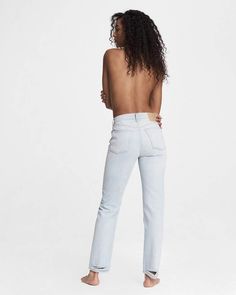 A classic archival piece. Maya is our high-rise boyfriend silhouette, cut from a rigid denim in a light green indigo wash. Gentle, waist-hugging, slim fit. Hemmed at the ankle and a button fly. rag & bone Women's Slim Fit Light Indigo Jeans | Raven W/Holes, 32 (also in 23,24,25,26,27,28,29,30,31) Indigo Jeans, Raw Denim, High Rise Jeans, Denim Wash, Rag & Bone, Fashion Advice, Blue Jeans, White Jeans, Women Jeans