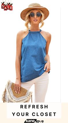 Halter Neck Denim Tank Top Halter Top Shirts, Denim Halter Top, Denim Tank Top, Denim Tank, Womens Tops Dressy, Trendy Fashion Tops, Denim Chic, Womens Tops Summer, Casual Tops For Women