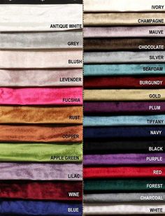 various colors of satin sheets with names on them and the names in each color are shown