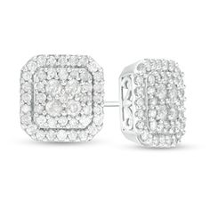 Bold and classic, these diamond stud earrings are a jewelry box must-have. Crafted in cool 10K white gold, each anytime earring features a composite of sparkling 1/20 ct. diamonds wrapped in a double cushion-shaped frame of diamonds. Captivating with 1-1/4 cts. t.w. of diamonds and a bright polished shine, these post earrings secure comfortably with friction backs. Diamond Frame, Peoples Jewellers, Buying Diamonds, Diamond Stud Earrings, Diamond Stud, Diamond Stone, White Metal, Earring Backs, Diamond Earrings Studs